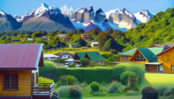 alt_text: Lush parcelas in Puerto Montt with vibrant gardens, wooden houses, and the Andes in the backdrop.