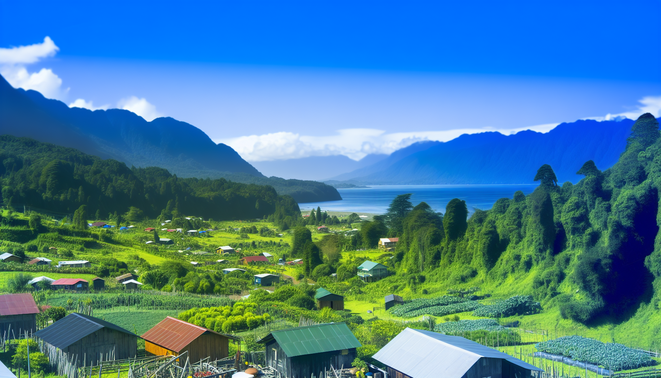 alt_text: Lush Puerto Montt landscape with wooden houses, gardens, mountains, and ocean under a blue sky.