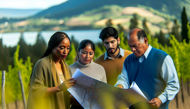 alt_text: A diverse group explores a scenic landscape, discussing maps and parcels, symbolizing land ownership.